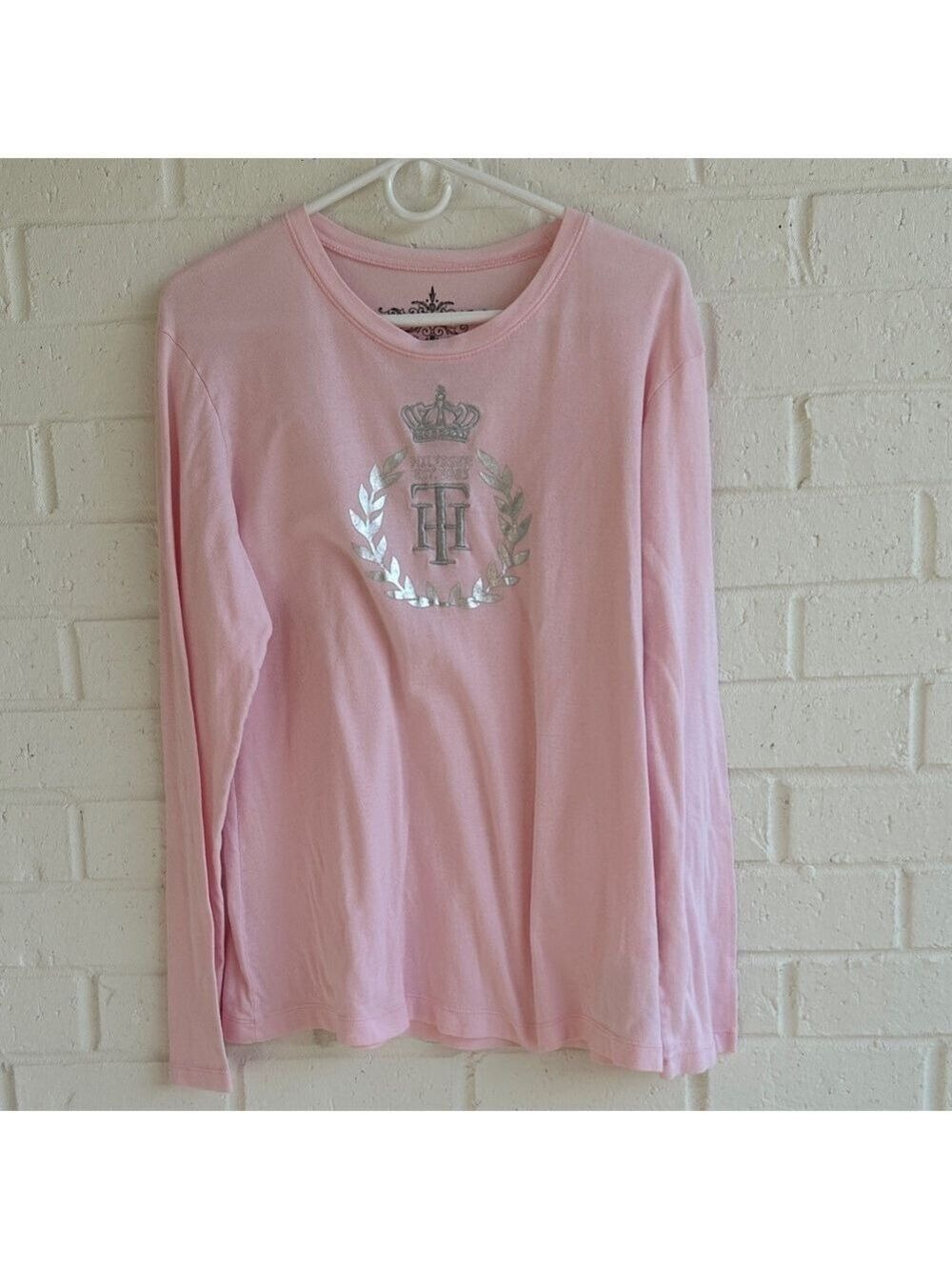 Tommy Hilfiger Pink Long Sleeve Tee with Silver Crest and Monogram Size Large